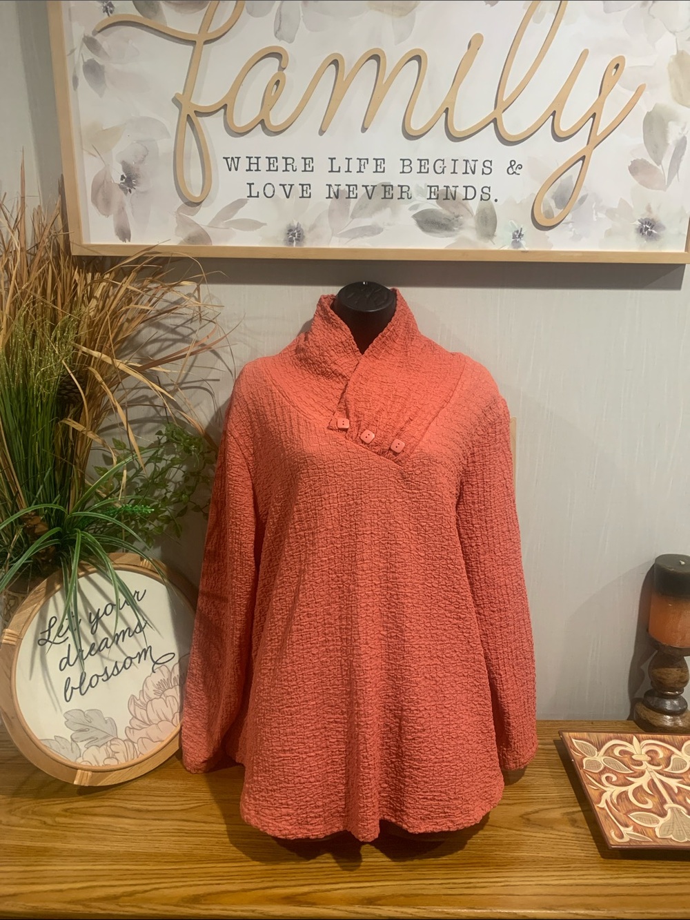 Cozy Button-Trim Pullover Hoodie in Coral